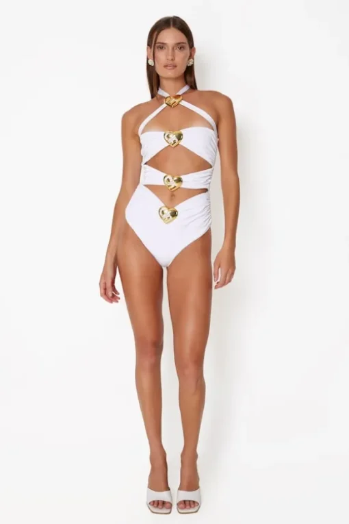 Diamond Heart Cut Out Swimsuit Pearl