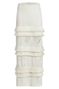 Fringe Trim Lace Maxi Skirt Ivory