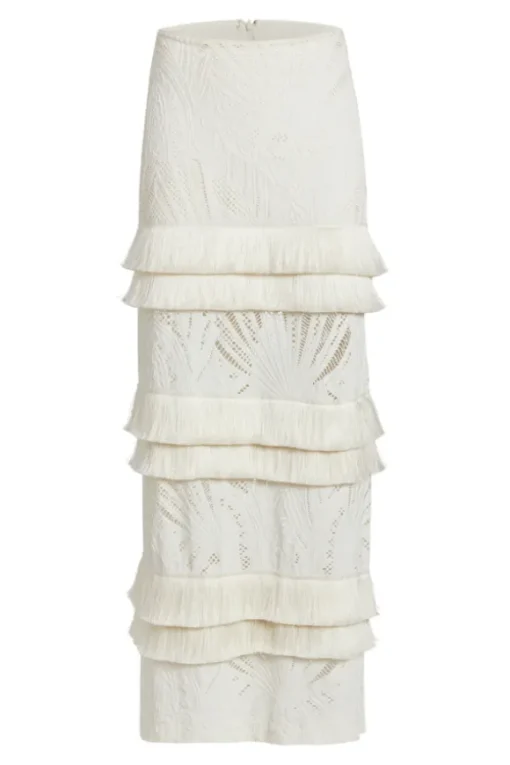 Fringe Trim Lace Maxi Skirt Ivory