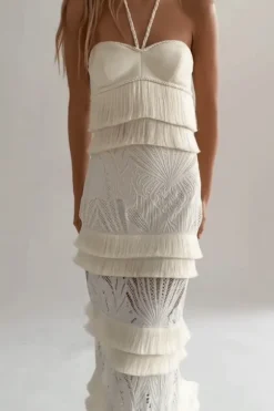 Fringe Trim Lace Maxi Skirt Ivory