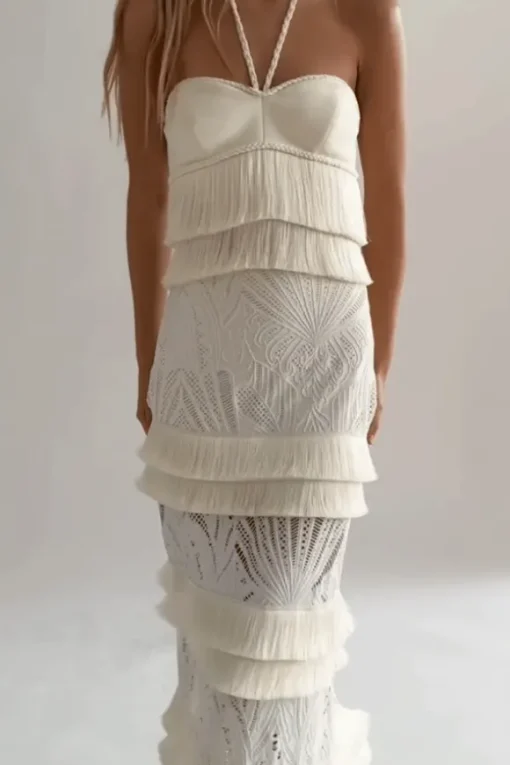 Fringe Trim Lace Maxi Skirt Ivory