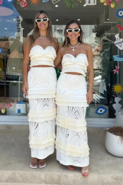 Fringe Trim Lace Maxi Skirt Ivory