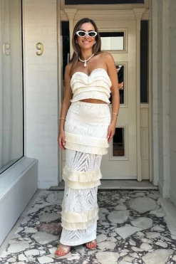 Fringe Trim Lace Maxi Skirt Ivory