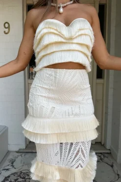 Fringe Trim Lace Maxi Skirt Ivory