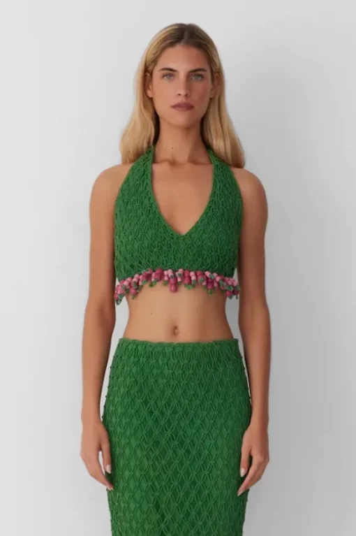 Reis Beaded Macrame Top Emerald