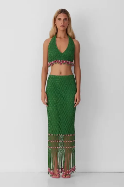 Reis Beaded Macrame Top Emerald