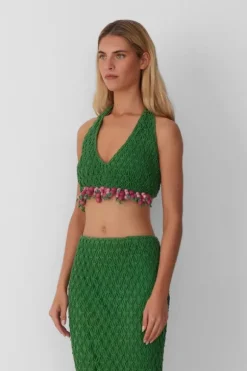 Reis Beaded Macrame Top Emerald