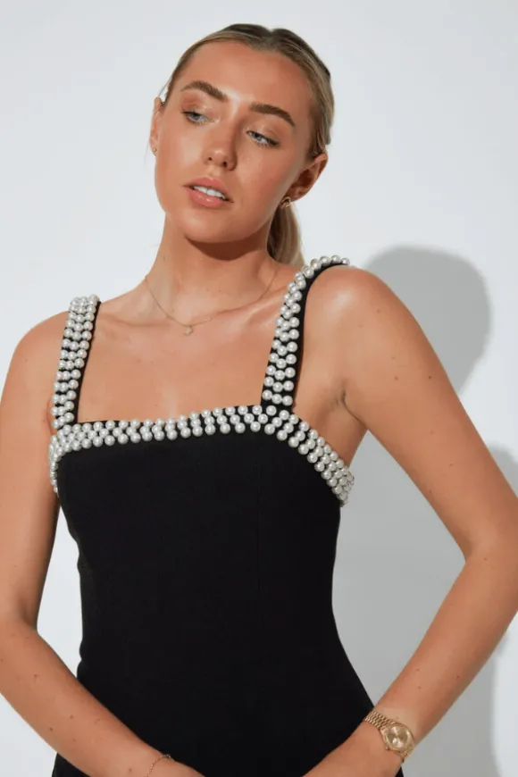 The Ultimate Muse Pearl Trim Mini Dress Black