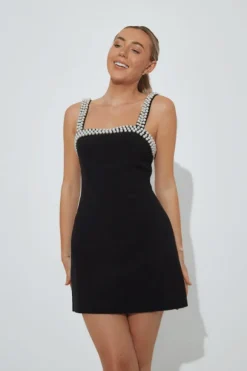The Ultimate Muse Pearl Trim Mini Dress Black