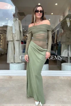 Yasmin Off Shoulder Maxi Dress Pistachio