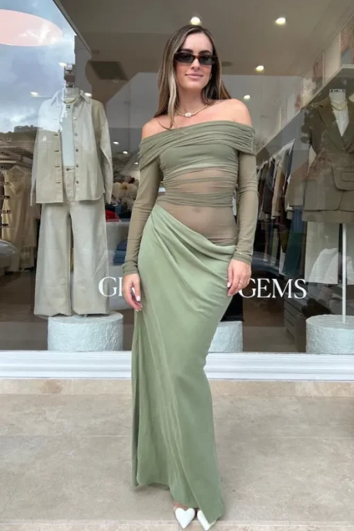 Yasmin Off Shoulder Maxi Dress Pistachio