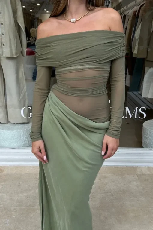Yasmin Off Shoulder Maxi Dress Pistachio